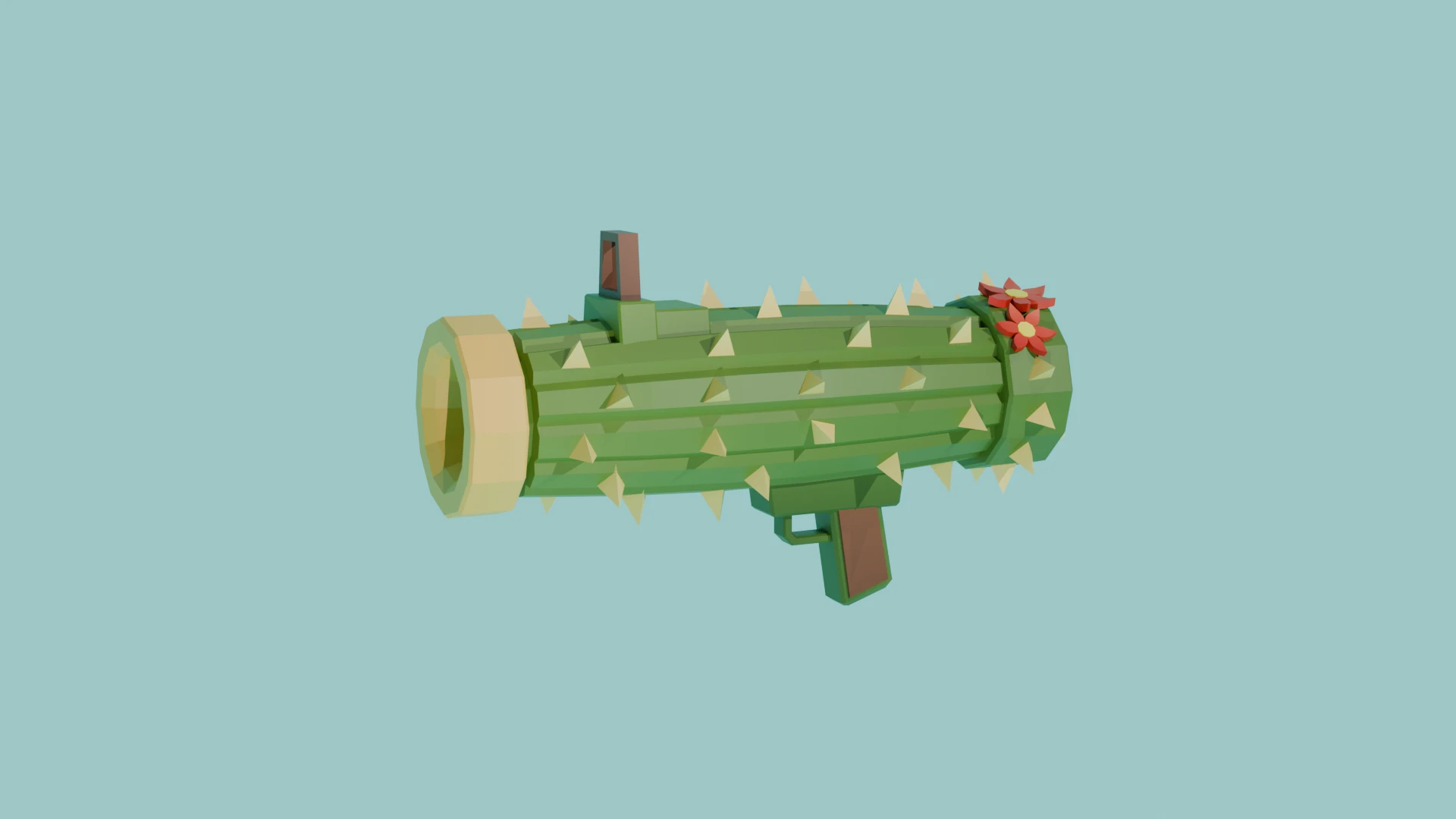A green cactus-shaped bazooka with spikes and red flowers against a pale blue background.