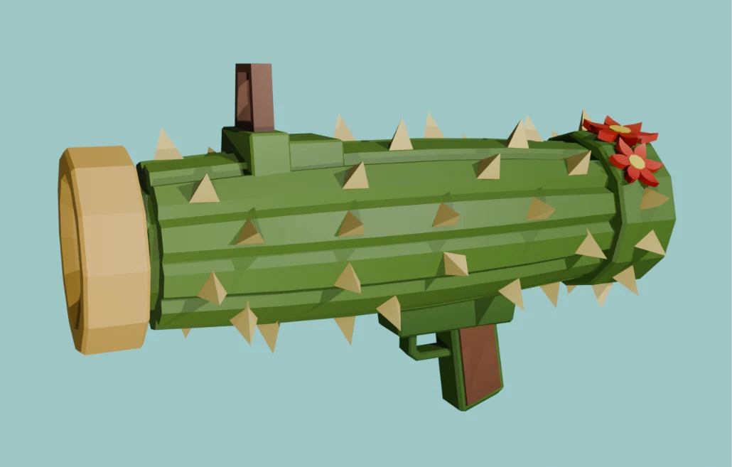A green cactus-shaped bazooka with spikes and red flowers against a pale blue background.