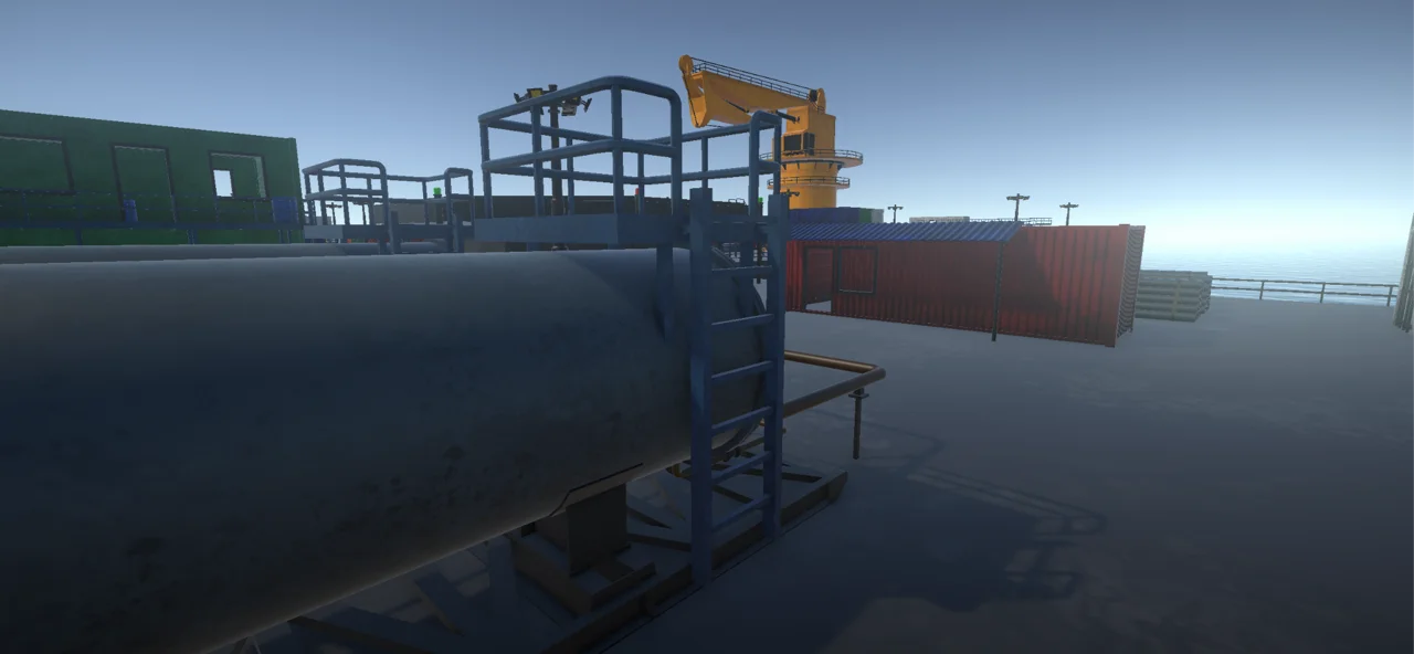 Ladders and raised pipe platforms beside a crane in RagTag City.