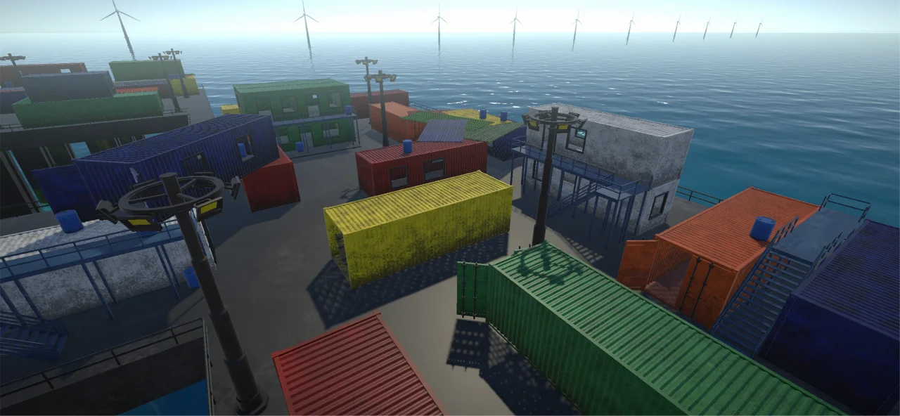 Colorful container buildings and walkways above the sea.