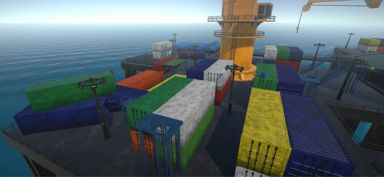 Stacked containers, ladders and elevated routes around the crane.